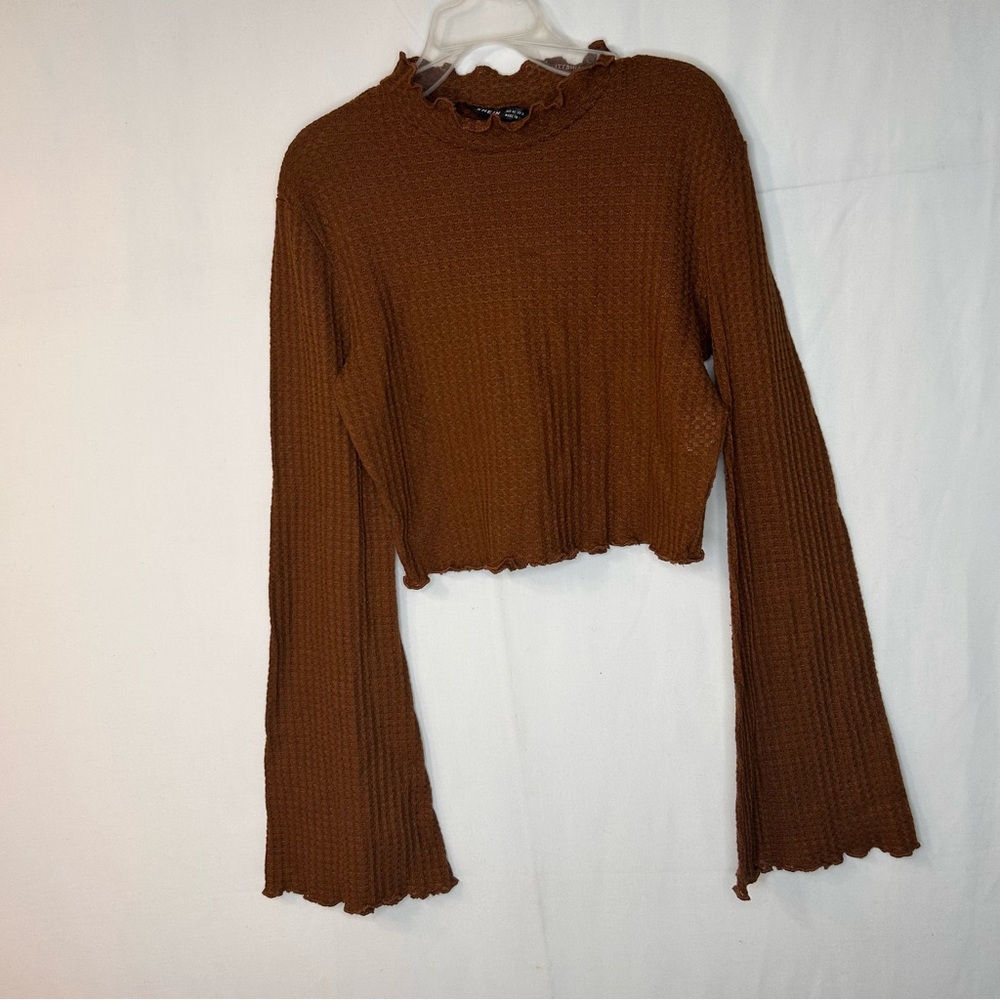 Brown Ribbed Long Sleeve Top Cropped Girls Women’s